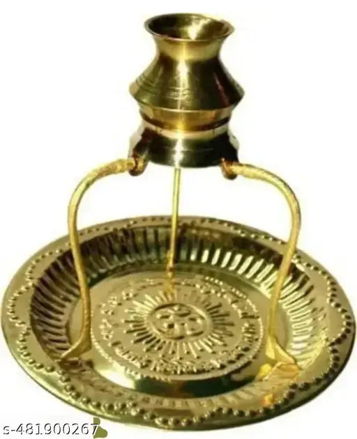 Brass Pooja Plate Thali with Shivling Stand and Abhishek Lota Kalash Brass (1 Pieces, Gold) Decorative Showpiece - 12 cm
