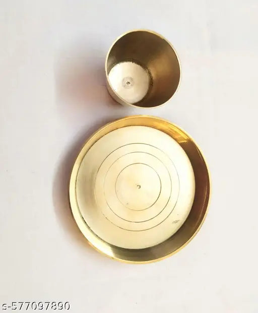 Leepax Brass Pooja Thali and glass Set | Brass Pooja Traditional Bhog Arti Design Thali & Glass /Bhog Bartan/Prasad Bartan Small Utensils Set of 2 Pcs Plate and Glass Ideal for Home, Office, and Temple