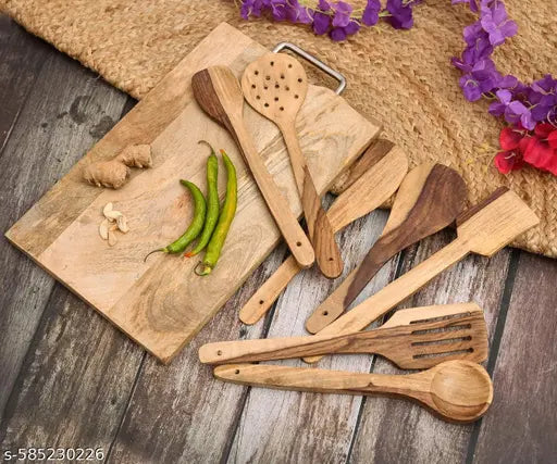 VIAPRADHAN Eco-Friendly Wooden Cooking Spoon Set, 7-Piece, Brown