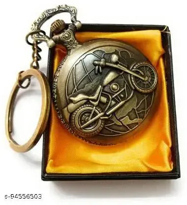 GTRP Antique Metallic Famous Royal Enfield Bullet Bike Theme Vintage Gandhi Style Pocket Watch Key Chain with Key Ring for Men/Women.