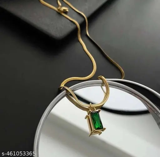 Gold Plated Stainless steel Cubic Zirconia pendant Green Emerald Anti-Tarnish Gold Plated Stainless Steel Flat Snake Chain Necklace Green Waterproof Chain Layering Pendant | Gifts for Women and Girls