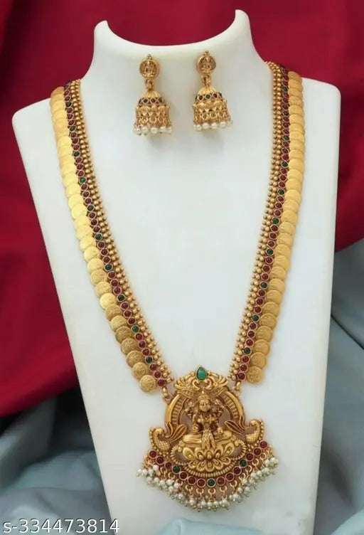 Traditional South Indian Laxmi Design Jewellery Set With Long Necklace Set Along With White Pearls Drops Jewellery Set For Women And Girls.