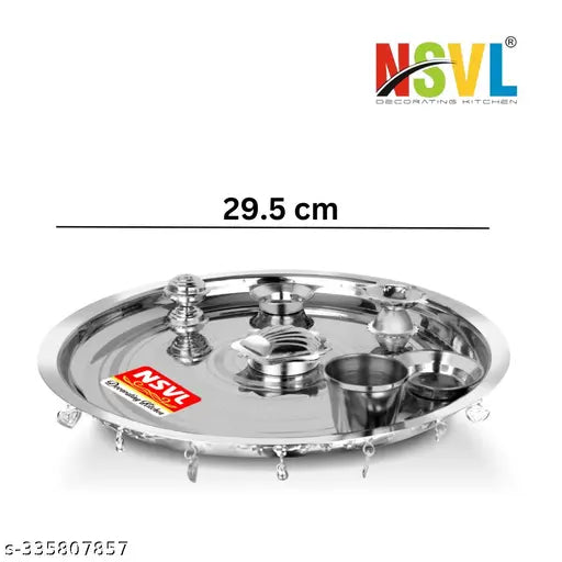 NSVL Stainless Steel Pooja Thali Set for Festival/Wedding 1 Pc Diva, Agarbatti Incense Holder, Kumkum Wati and 2 Pcs Wati