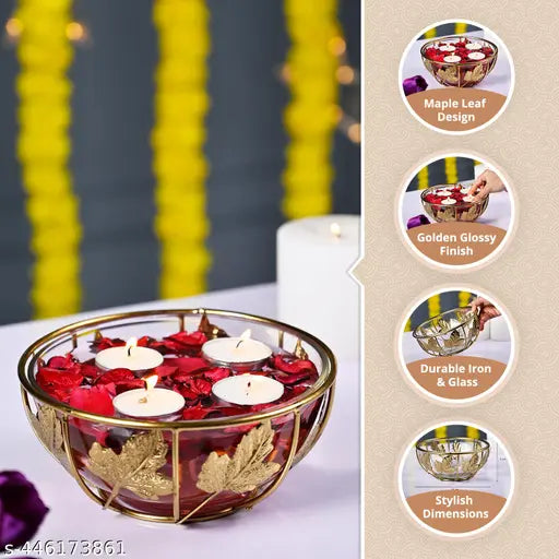 Decorative Glass Bowl with Stand for Home Décor | Bowl for Floating Flowers and Tea Light Candles | Decorative Bowl for Home, Office |Glossy Finish | Iron + Glass Material (Set of 1)