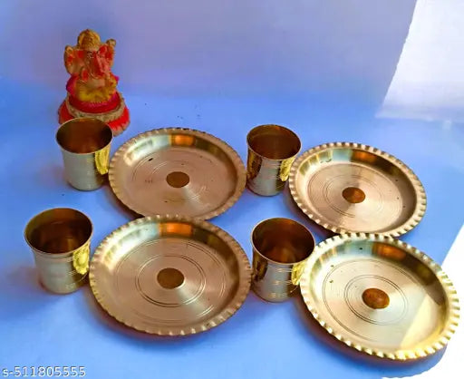 Mataraenterpraise24-Handmade Brass Puja Thali/Pure Brass Pooja Plate, Brass 4 Thali Set with 4  Glass for Temple, Home Décor & Office (combo) Gold