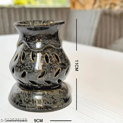 Luxantra Handcrafted Ceramic Aroma Diffuser Electric Oil Burner | Night Lamp Light | Aroma Oil Diffuser for Home office spa with Aroma Oils, Black Color (Mogra and Lemongrass Fragrance of 10ml Each) 9x9x11cm
