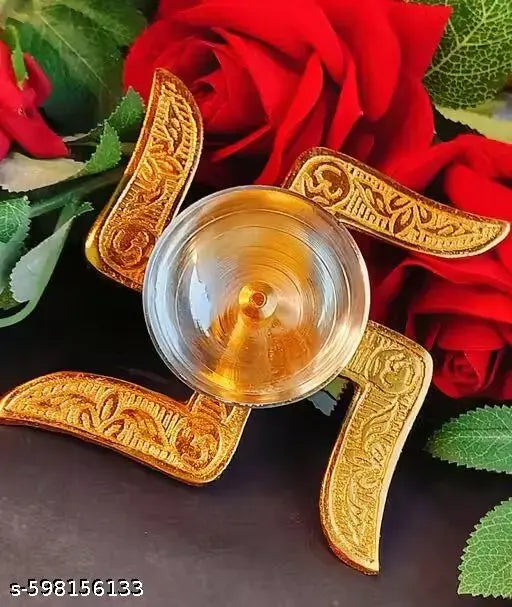 Hardik Creations Swastik Satiya Diya for pooja, Diwali decoration, Brass diya,with gift box, Akhand Diya with golden colour