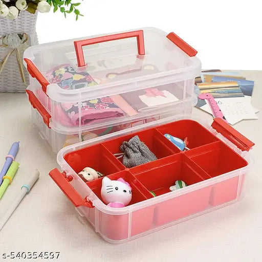 3 Layer Plastic Storage Containers with Lids, Multipurpose Clear Stack & Carry Box, Portable Craft Organizers, and Storage Bin for Organizing Arts & Crafts, Sewing, stationery box,(Red)