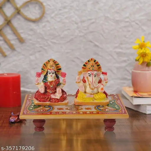 SJ Marble Lakshmi Ganesh ji with Marble Chowki (Size 6x4 inches Multicolor)