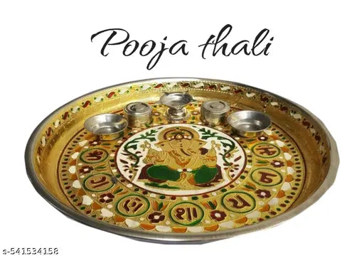 GANESH PRINTED POOJA THALI Decorative Pooja thali/Ornate Embellished Pooja Plate/Traditional aarti thali/Decorated Pooja Tray/Indian Pooja thali with diyas/Puja thali Set with Incense Holder (10 inch)