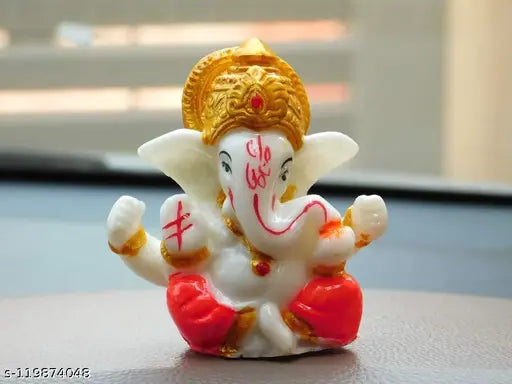 PAYSTORE Exclusive Marble Small Ganesha Idols for Car Dashboard (2.2- x 2.2 Inches - Golden Mukut - Multi coloured)