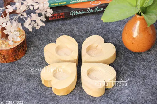 Paheli Craft Wooden Heart Tealight Candle Holder Bowl Votive Tea Light Stand Natural Polish Lighting Lamp (3 inch, Set of 4)