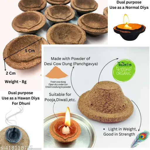 Gaukosh Natural Cowdung Diyas | Pack of 20 Pcs | Made of 5 Natural Elements - Cow Dung, Cow Urine, Milk, Curd, and Ghee | Pooja Products for Daily Pooja, Navaratri, Festivals, Diwali, & Daily puja