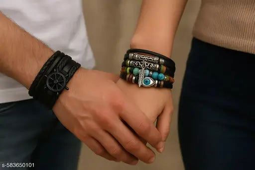 Shiva’s Jewels – Beautiful, Elegant, Stylish Couple’s Bracelet Set – Black Leather Men’s Bracelet & Colorful Beaded Women’s Bracelet with Evil Eye Charm – Fashion Jewelry for Couples