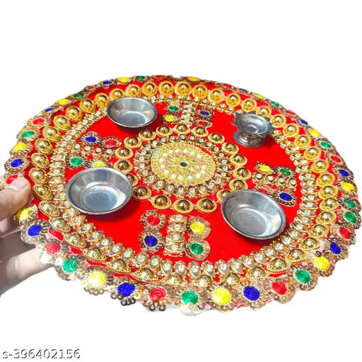 Handmade Decorative Pooja Thali, Puja Plate, Karwachauth Thali Set | Diwali Gift Items | Decorative Items for Pooja | Aarti Thali Decorative