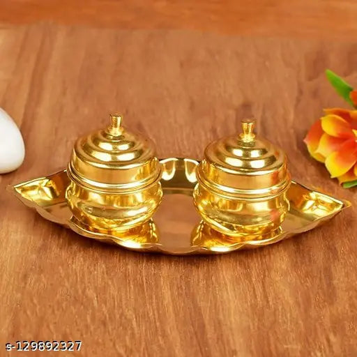 Golden Brass Haldi Kumkum Box With Plate