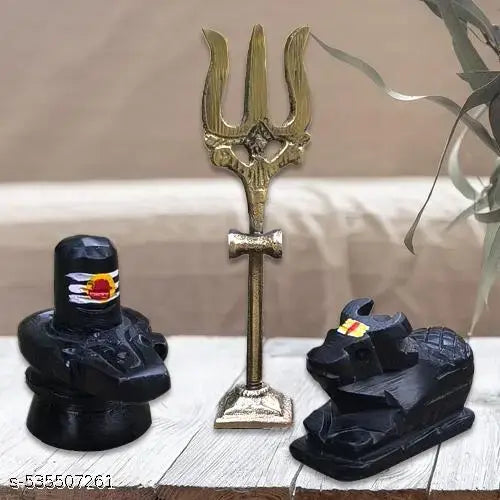A&S VENTURES Tilak Marble Shivling Idol with Nandi and Brass Trishul – Handcrafted Lord Shiva Statue for Pooja Room, Home Temple Décor, Abhishekam & Spiritual Giftv