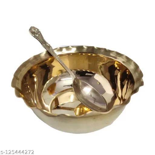 Divine Bazaar Brass Pooja Bowl, Brass Bowl, Glossy Brass Trendy Bowl And Spoon