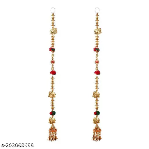 Neel Shobha Enterprises Handcrafted (Combo of 2) Golden Swastika Toran & Pair of Elephant Latkan with Colourful Pumpum,Best Trending Ethnic Design Toran for Your Main Door & Bandhanwal for Home Decor (Toran -3 Feet)(Combo of 2) (Latkan H=26 & L=1 Inch) (1