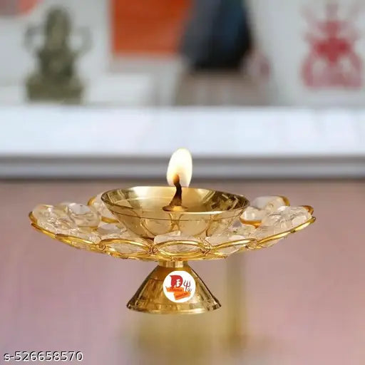 ELITETOUCH   Brass glass Plate Diya Round Shape Deep Akhand Jyoti Oil Lamp for Puja and Home Decor