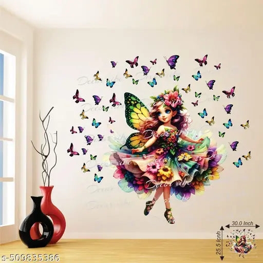 Trendy Fairy Surrounded by Colorful Butterflies in Bright Artistic Scene Wall Decoration Home  Decor Wall sticker Multicolor ( ideal size on wall: 30 x 25.5 Icnh )