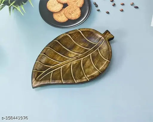 Decorative Round Wooden Platter Tray for Home Decor Coffee Table - Beautiful Acacia Wood Tray for Kitchen Dining Room - Serving Tray - Snack Tray - Eco Plate - Nut Platter (Leaf)