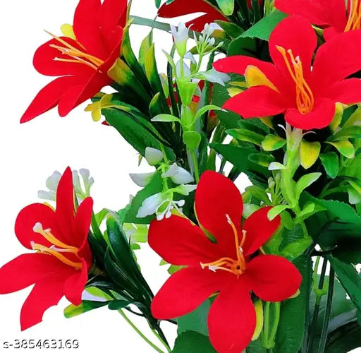 Artificial Flower Red Lily Flower Bunch 7 Sticks For Home Decor (Pack of 2)