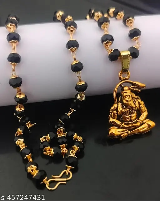 trending stylish new religious gold plated lord Hanuman bajarangBali Bala ji locket with black glass mala chain pandent Necklace for boys/men and girls/women