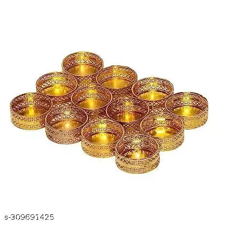 12Pcs Metal Tealight Candle Holder Round Stands for Pooja thali, Diwali Rangoli puja Room Decor\, Events, Home, Living Room, office Table, Diwali Decoration Indoor Outdoor Events (Golden) Without Candle