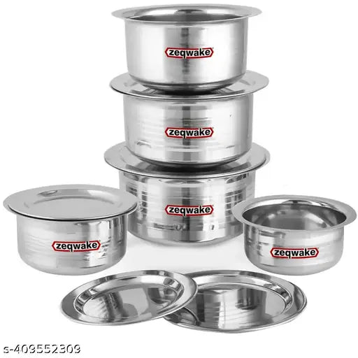Stainless Steel Patila Bhagona Tope Set With Lid Handi Milk Storage Tapeli Tapela Serving Set Cookware - Pot 20 cm, 18 cm, 16 cm, 14 cm, 12 cm diameter 2000 ML, 1500 ML, 1000ML, 750 ML & 500 ML capacity with Lid (Stainless Steel)