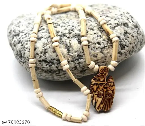 Original & Natural Wood Tulsi Kanthi Mala With Radhe krishna locket Pendent Wood Locket Set