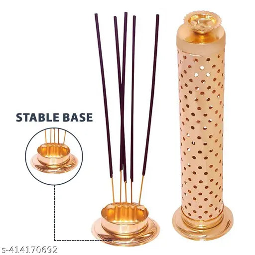 Stainless Steel Incense Stick Holder with Ash Catcher & Dhoop Holder - Ideal for Home, Office, & Temple Use | Agarbatti Stand | Incense Stick Holder | Handcrafted in India (Set of 1, Copper)
