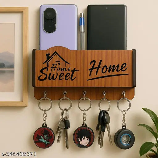 KusumCrafts Beautiful Wooden Key Holder For Wall Home Decor, Mobile Phone Stand With Two Compartments and Side Shelf Wood Key Holder( Pack of 1 )