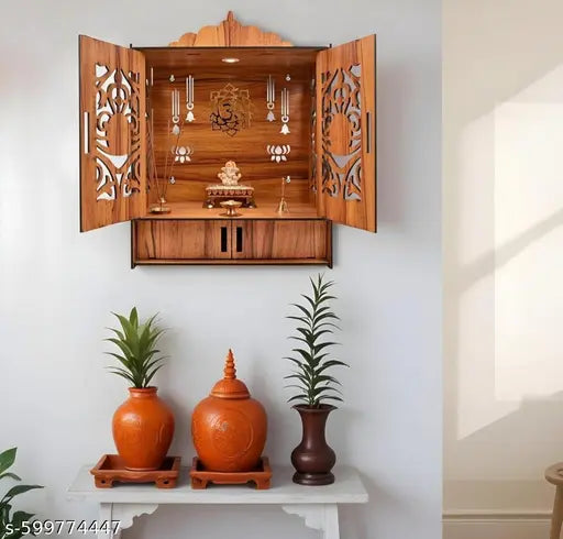 SMS Wooden Temple Mandir for Home with Door Cabinets | Beautiful Pooja Unit with Storage Space | with LED Light and Wall Mounts | Elegant Pooja Mandir for Home Big Size(H-21, L-17 B-11 inch)