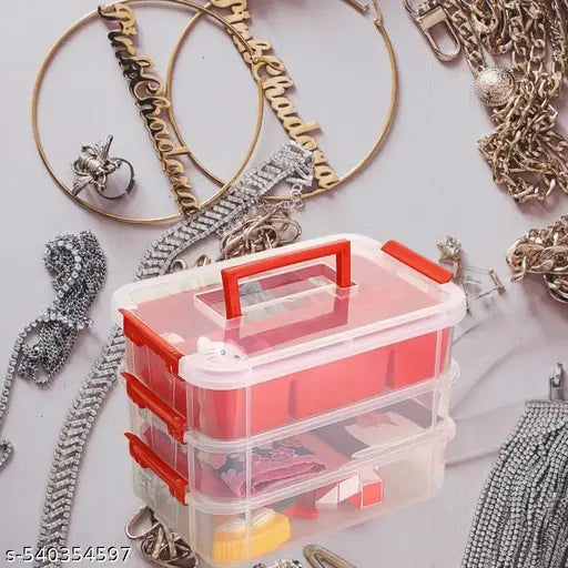 3 Layer Plastic Storage Containers with Lids, Multipurpose Clear Stack & Carry Box, Portable Craft Organizers, and Storage Bin for Organizing Arts & Crafts, Sewing, stationery box,(Red)