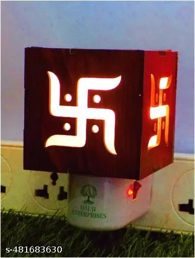 Dauji Enterprises Swastik Wooden LED Night Light + Rose Aroma Oil Set Electric Kapoor Dani,  Dhoop Dani, Aroma Burner for Home Décor/Office/Pooja Room/Kids Room |Air Freshener |Night Lamp and Room Freshener |Incense Burner|