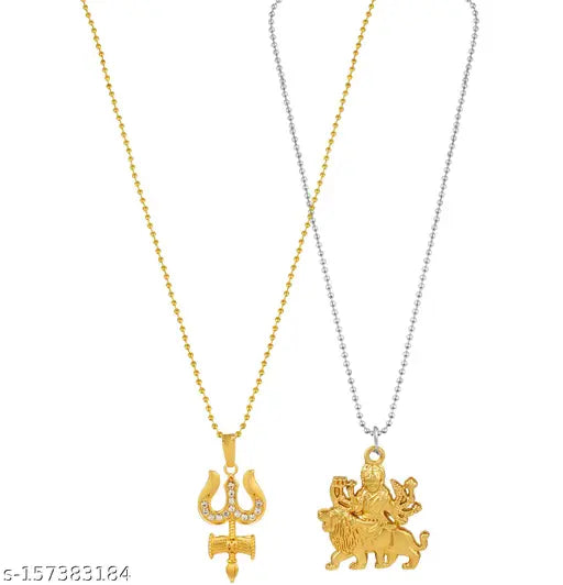 Morvi Gold Plated CZ Lord Sherawali Durga with Trishul Combo Pendant Locket Men