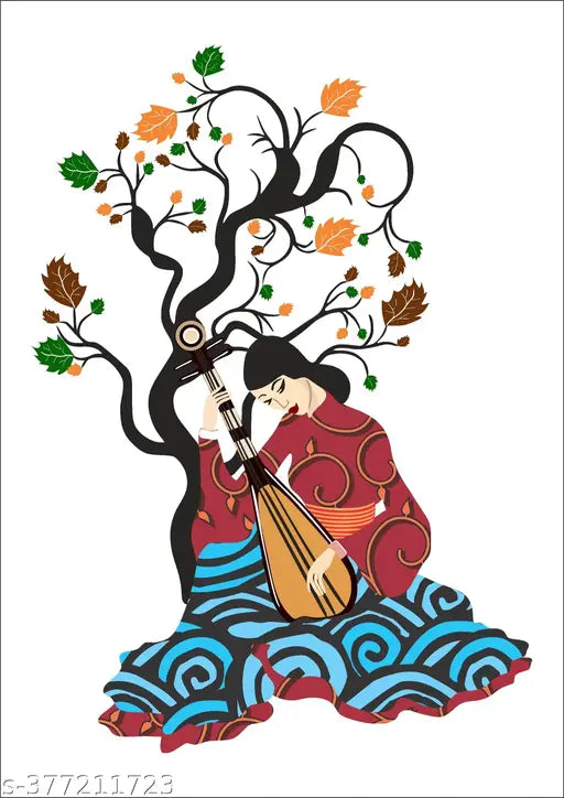 decorative beautiful girl playing sitar under the tree wall sticker  (pvc vinyl covering area 64X91 cm)