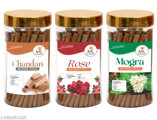 puja agarbatti 100 gm in each pack ROSE , CHANDAN , MOGRA DHOOP INCENSE STICKS TOTAL 300 GM
