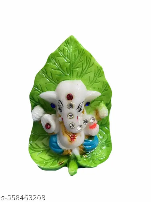 Lord Ganesha Statue on Leaf Background for Car Dashboard for Puja and Home Decoration, Office Table Idols | Statue