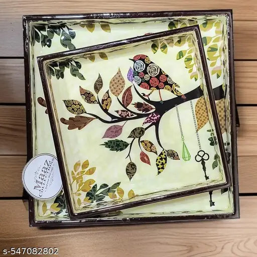 Decorative Wooden Tray Set of 2 | Printed Serving Tray for Kitchen, Dining & Home Decor | Premium MDF Meena Glossy Finish (7 & 9 Inch)