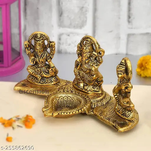 Laxmi Ganesh Saraswati kela patta With Diya Idol Set Decorative Showpiece ,Home decoration, Temple decoration,Gift item, Room decoration