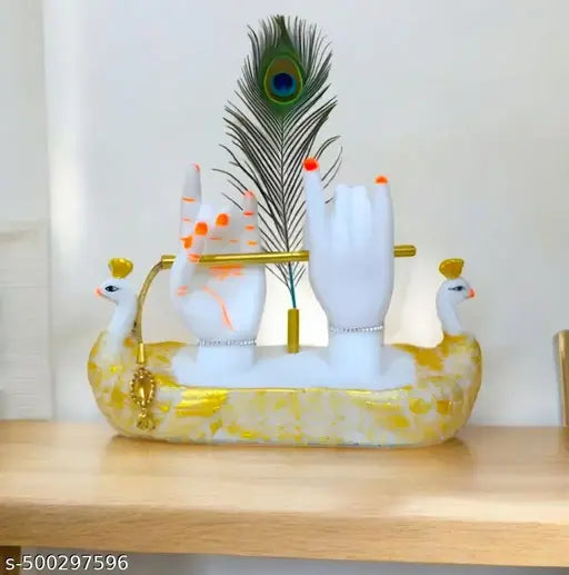 Once again Gold Plated Lord Krishna Hands Idol with Flute, and Peacock Feather | Statue for Gifting, Temple, Tabletop, Office & Home Decor Showpiece for livingroom laddu gopal Makhan chor murlidhar size-23x6x15cm