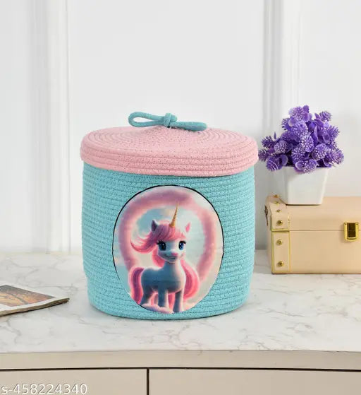 HomewayTex 100% Braided Base Kids basket Size :- 25x25x25 CMS  OR  10x10x10 INCH  ( Pack of  1)  Colour :-Aqua