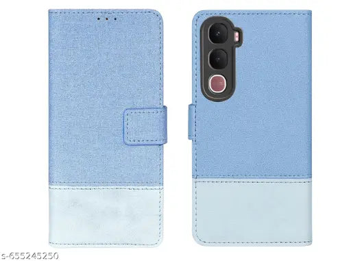 Coverage Cases Dual Colour Joint Denim Cloth & Vegan Leather Magnetic Case Cover with Card & Cash Wallet Flip Cover Compatible for Vivo Y29 5G - Royal & Sky Blue