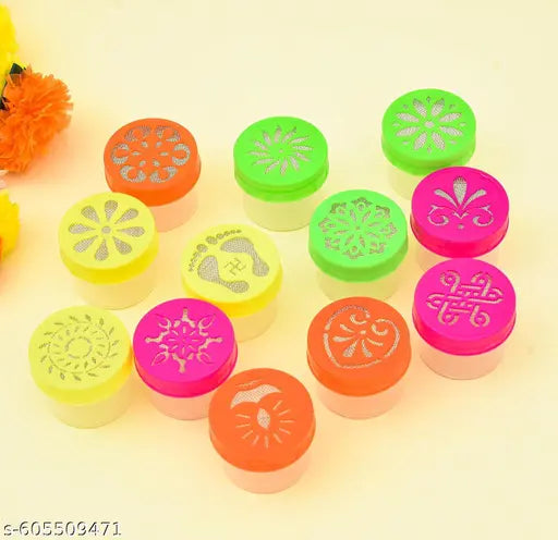 Set of 12 Rangoli Colour Filling Stamp Dibbi Stencil Rangoli Stancils Tools Diwali Rangoli Rangoli Dabbi with Pre Drawn Design Design May Vary