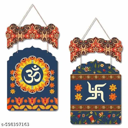 GRAH ROOPAM  Set of 2 handcrafted wooden Banderwal (torans) featuring traditional Indian motifs like Om, Swastika, Lord Shiva, and Lord Hanuman, perfect for festive door decoration.