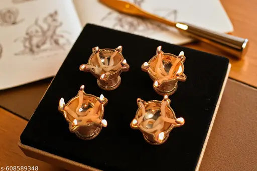 Set of 4 Ceramic Designer Oil Diya | Traditional Lighting Diya | Handmade Ceramic Diya for Home & Diwali Decoration - Temple décor Diya for god Worship