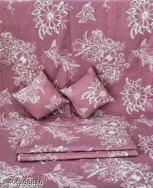 ST 5pc bedsheet set (1King size Bedsheet + 2 Pillow Covers (WITH ZIP)with Embroidery+ 2 Cushion Cover (WITH ZIP)with Embroidery with filler) Heavy Quality Multicolor QUILTED five piece set