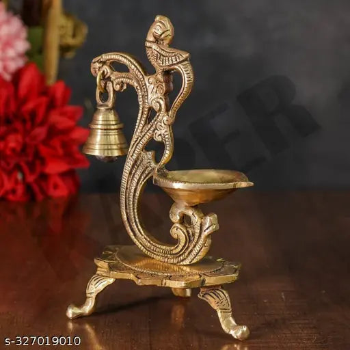 KAPER Brass Diya for Pooja Peacock Oil Lamp With Bell Diwali & Festive Decorations Puja Articles and Gift (5.1"x3"x8")